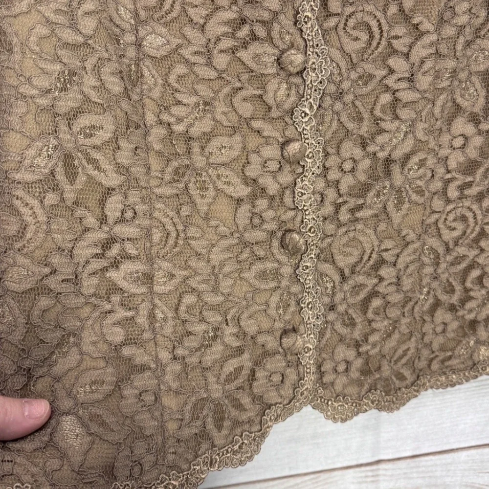 Talbots Brown Gold Metallic Floral Lace Button Front Jacket Scalloped Collar 4